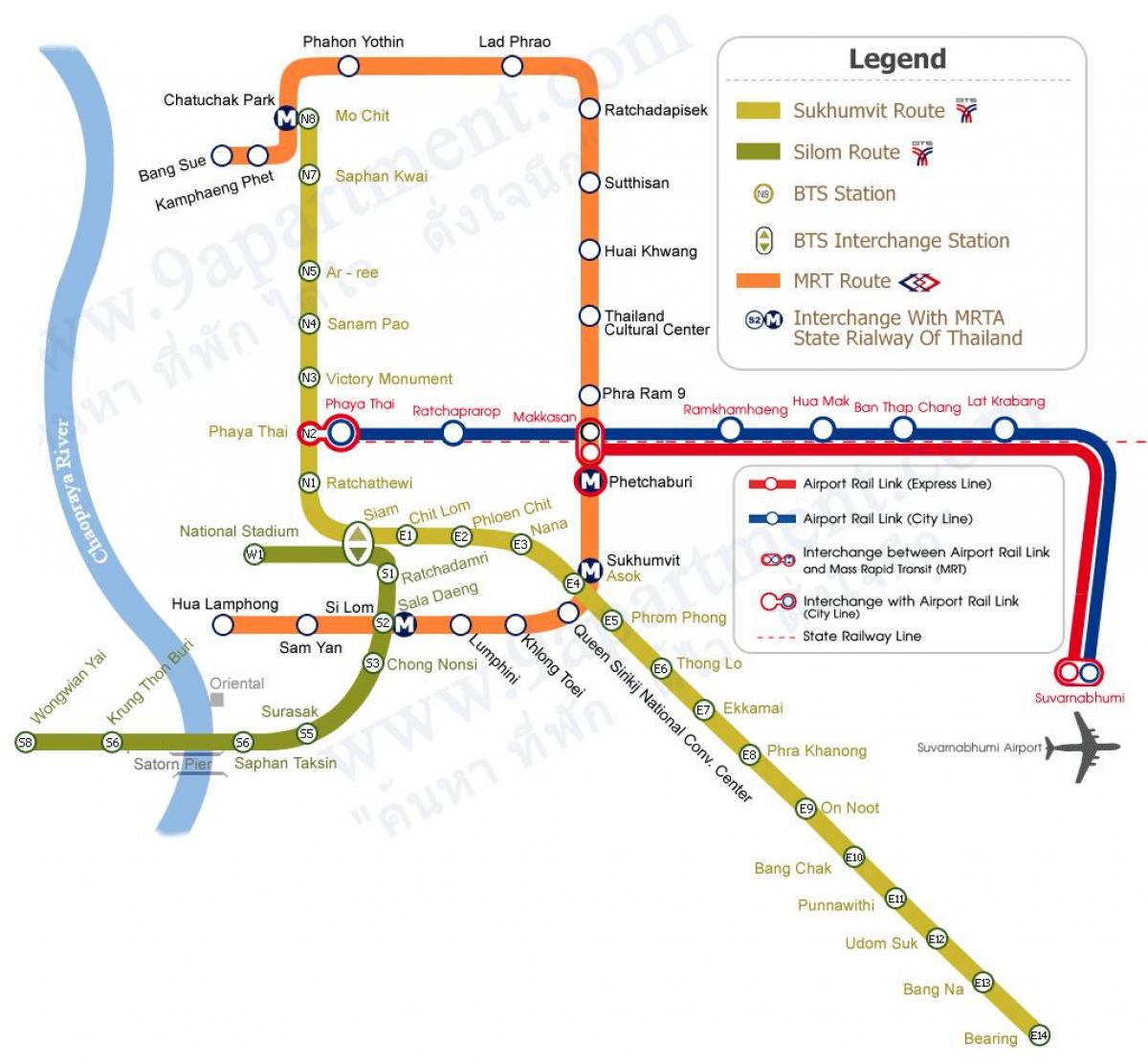 stacja metra i KOLEI miejskiej Bangkok mapa